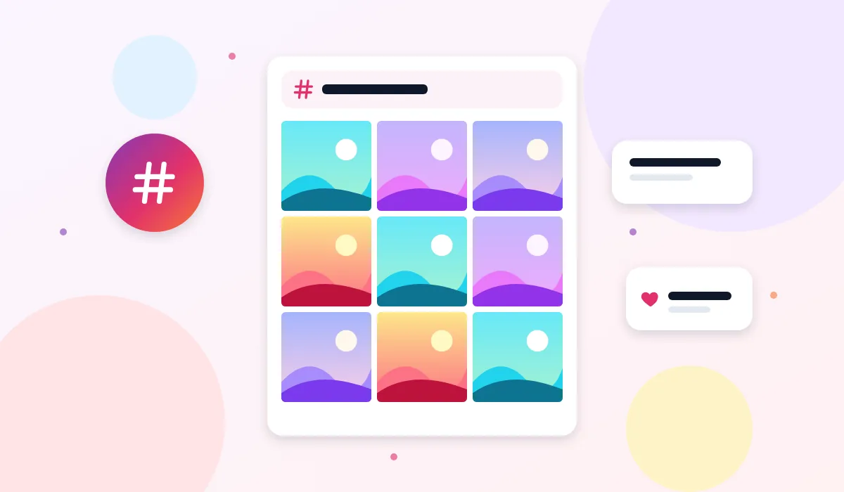Illustration of a hashtag search showing a grid of public Instagram posts