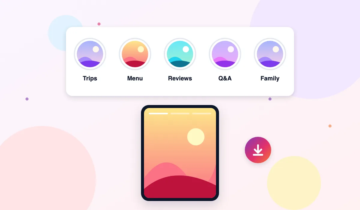 Illustration of Instagram story highlight albums named Trips, Menu, Reviews, Q&A and Family