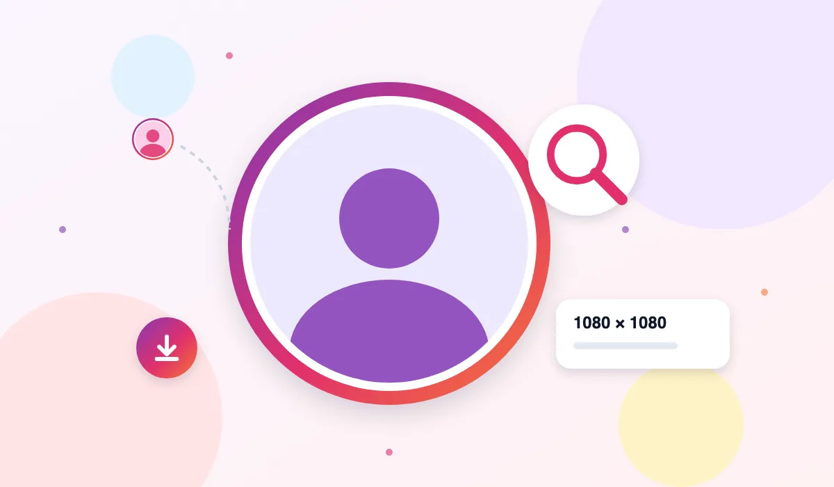 Illustration of an Instagram profile picture enlarged to 1080 by 1080 pixels with a zoom magnifier