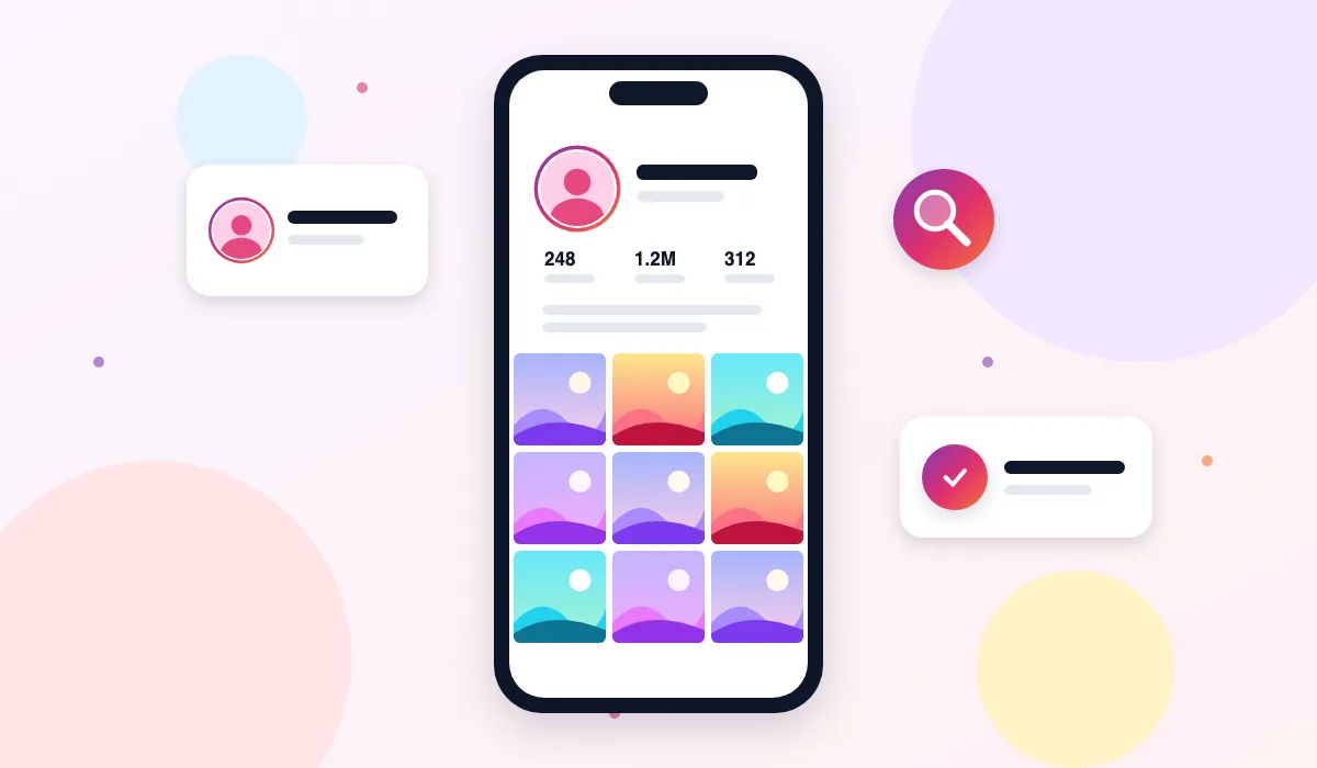 Illustration of the Instagram Profile Viewer: profile picture, bio, exact counts and post grid on a phone