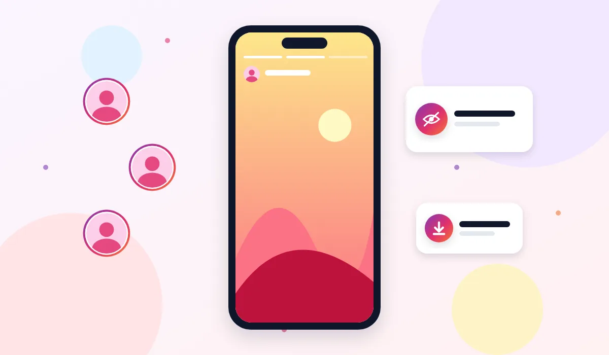 Illustration of anonymous Instagram story viewing: story rings, a story on a phone and a hidden viewer icon