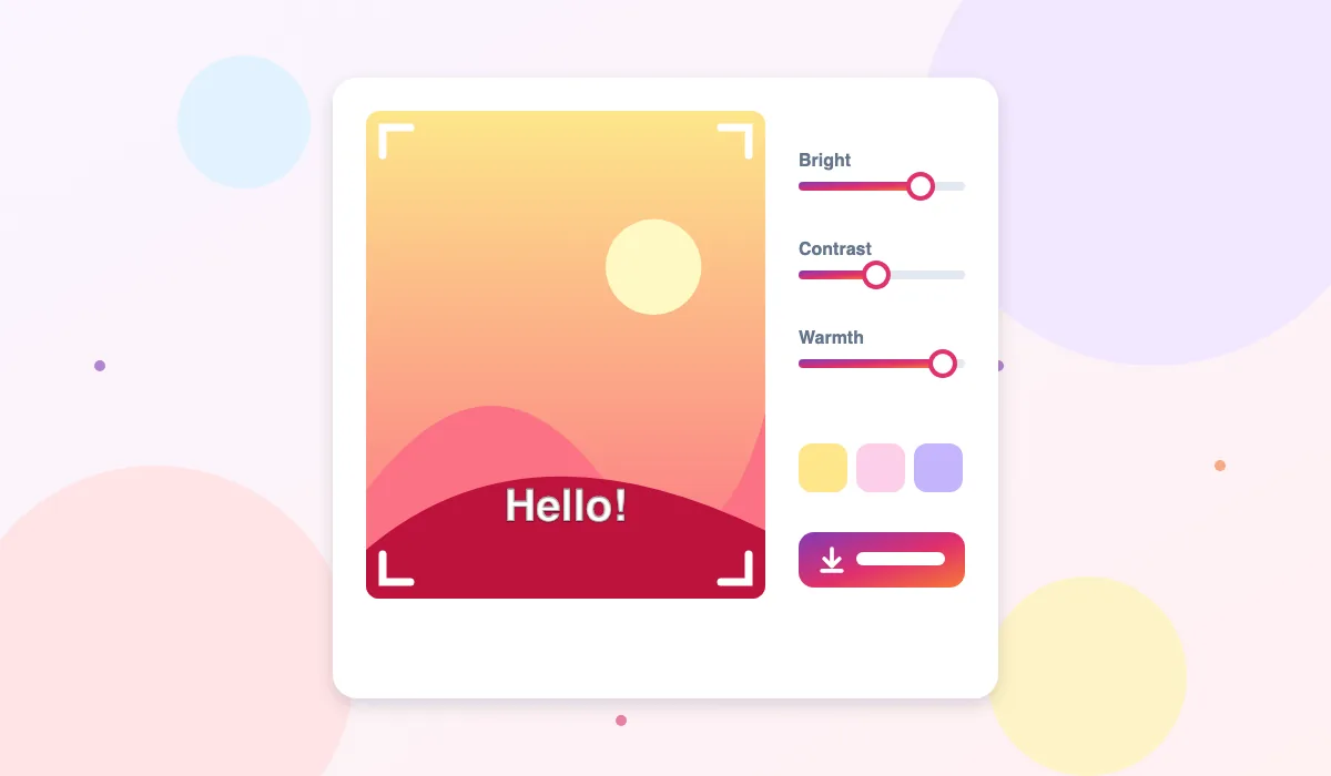 Illustration of the online photo editor with crop corners, brightness, contrast and warmth sliders